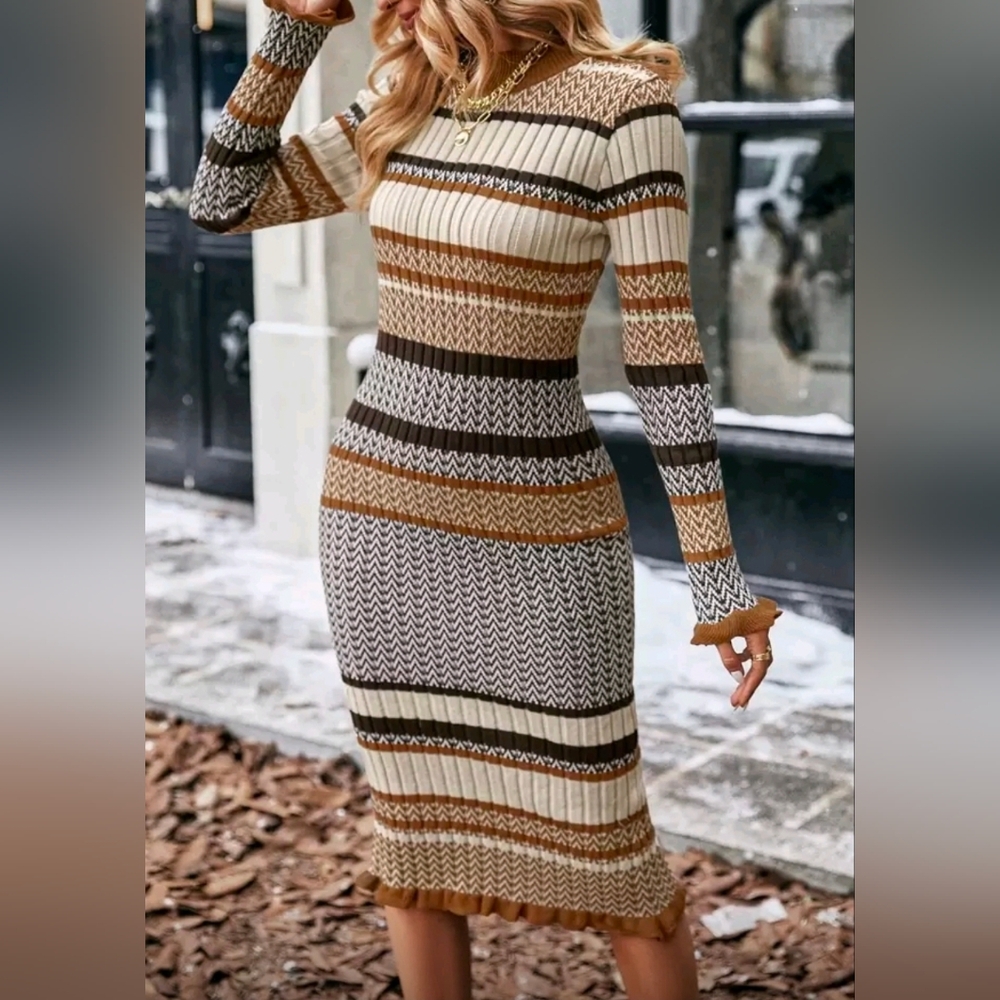 New Chic Striped Ribbed Knit Bodycon Dress Long Sleeve Brown Tan Cream Black - Picture 8 of 10